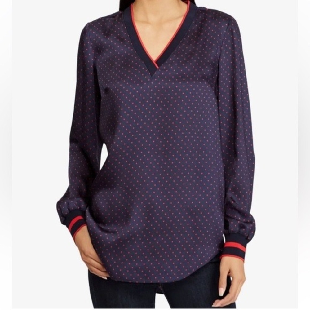 Lauren Ralph Lauren Women's Navy Blue Red Polka Dot Long Sleeve‎ V Neck Blouse M